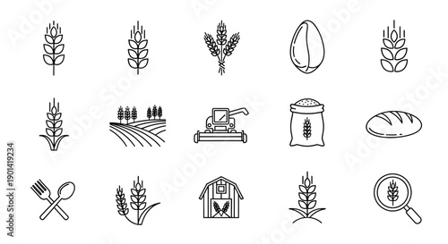 Set of Agricultural and Farming Icons Illustrating Crops and Equipment