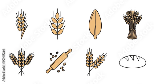 Set of Wheat and Grain Agriculture Icons for Farming and Harvest Visuals