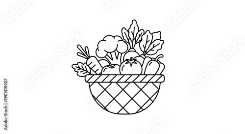 Simple Line Drawing of Fresh Fruit Basket with Vegetables for Healthy Eating