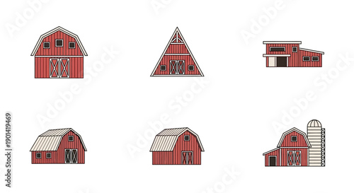 Vintage Red Barns and Farm Buildings Collection for Rural Scenes and Agriculture Backgrounds