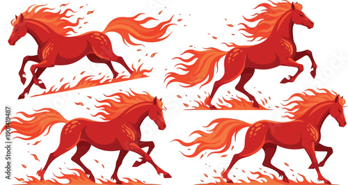 Bright Red Fire Horse Galloping and Jumping, Fire Horses Set, Flaming Fantasy Stallions Vector Illustration