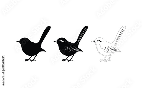 Three distinct birds illustrated in black and white with varying details Vector