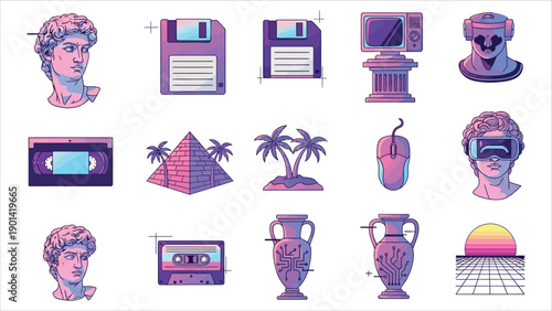 Aesthetic Collection of Retro 80s and 90s Vaporwave Icons and Digital Art Elements