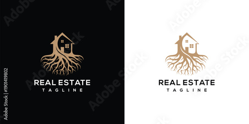 Real Estate Logo House with Roots  Property Home Investment.