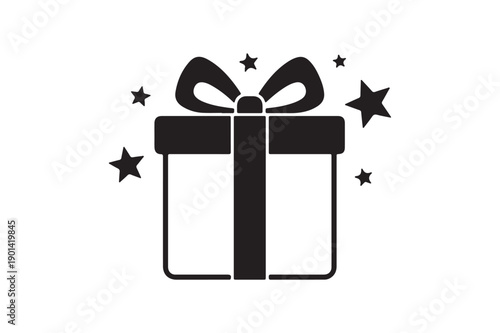Black Silhouette Gift Box with Ribbon and Stars, Festive Celebration Holiday Icon