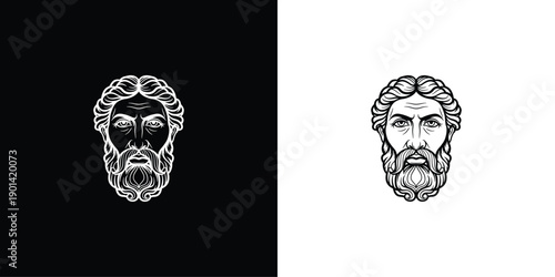 Ancient Greek God Zeus Head Sculpture Black and White.