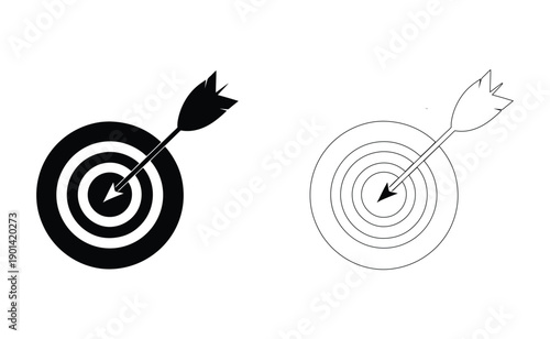 Two arrows hitting the center of different target designs in black and white Vector