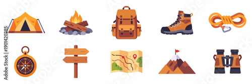 Adventure hiking icons set with camping gear and trail navigation items, colorful collection, vector flat style illustrations