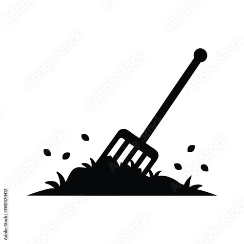 A black and white illustration of a rake with soil and small rocks Vector