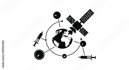 Satellite orbiting Earth with connected objects, global communication and technology concept in black and white illustration