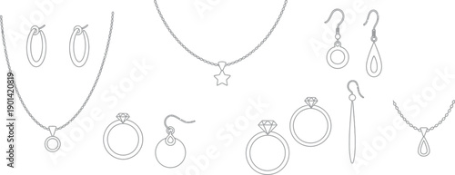 Collection of delicate jewelry line art icons including various necklaces earrings and elegant diamond solitaire rings for design use