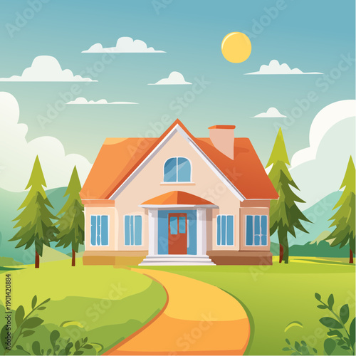 A charming cartoon-style house nestled in a picturesque outdoor setting with a sunny day backdrop. A path leads up to the front door, inviting viewers to explore this inviting dwelling. 