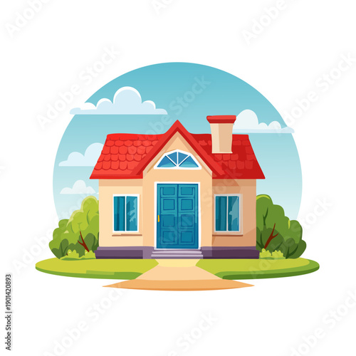 A charming cartoon illustration of a house with a red roof, a blue door, and lush green bushes in front, all under a bright sky. 