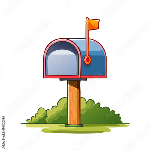 A classic blue mailbox stands with the flag up, set against a backdrop of greenery, ready to receive letters. 