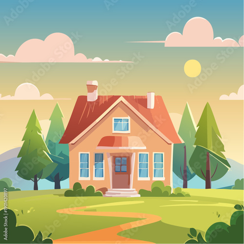 A charming cartoon house set in a picturesque natural landscape with trees, a sunny sky, and rolling hills