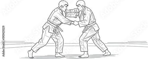 Black and white line art drawing depicts two judoka grappling intensely in their traditional gi uniforms while establishing grips for a potential throw or sweep during practice.