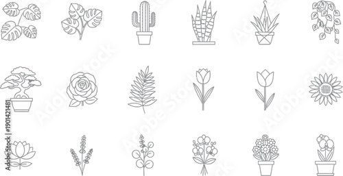 Collection of eighteen distinct botanical line art icons representing various potted plants tropical foliage flowers and delicate floral arrangements for design projects