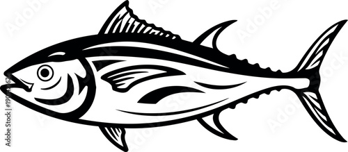 Minimalist Black and White Vector Illustration of a Tuna Fish, Isolated on a Clean White Background – Sleek and Bold Marine Wildlife Graphic Art.