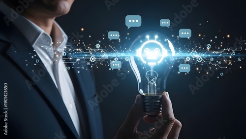 Businessman holds a glowing lightbulb with an artificial intelligence chatbot, symbolizing innovative solutions and communication.