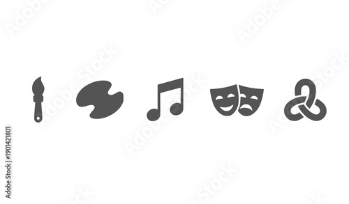 Black silhouettes of a knife cloud music note and theatrical masks