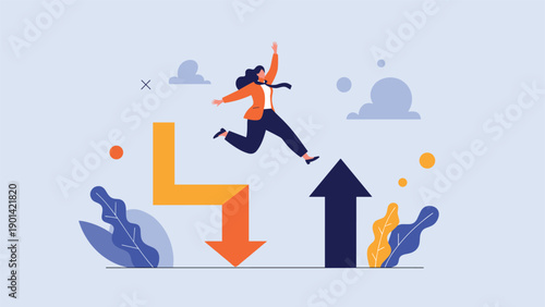 Woman confidently jumping from a downward-pointing arrow to an upward-pointing arrow, symbolizing overcoming challenges, positive change, and market recovery.
