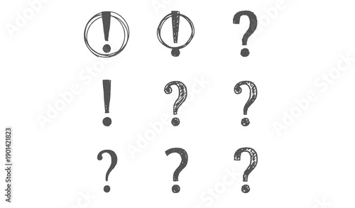 Hand drawn punctuation marks exclamation points and question marks in a grid