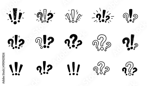 Collection of hand drawn exclamation and question marks in black and white