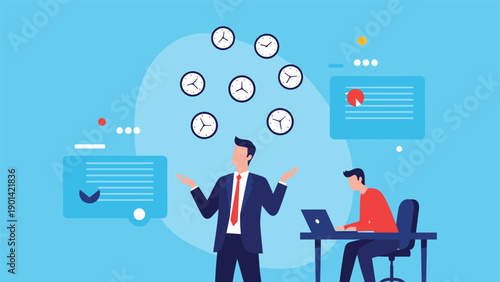 Businessman juggling multiple clocks while another man works on a laptop, symbolizing time management, multitasking, and work-life balance challenges.