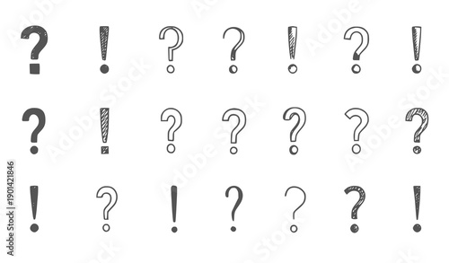 Black and white arrangement of question marks and exclamation points in rows