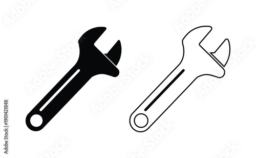 Two different types of wrenches, one solid black and one outlined in black Vector