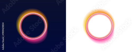 Abstract neon circle frame shines in vibrant magenta and yellow gradient. Soft luminous haze creates realistic glowing effect. Suitable for banners, digital posters, and UI design. PNG