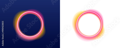 Bright neon circle frame with glowing edges radiates soft pink and ywllow light. Smooth gradient transitions enhance modern digital aesthetic. Perfect for invitations and creative visuals. PNG