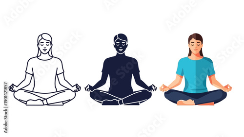 Woman meditating in lotus position line art, silhouette and full color illustration set