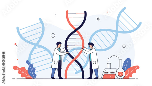 Two male scientists manipulating a large DNA strand, with beakers in the foreground, illustrating genetic engineering, biotechnology, and DNA research.