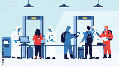 People in hazmat suits checking travelers at an airport or border control with metal detectors, illustrating pandemic travel restrictions and health screening.