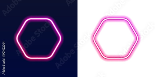 Futuristic neon hexagon frame with layered laser light effect. Cyan and purple gradients enhance sci fi atmosphere. Ideal for digital art and presentations. PNG