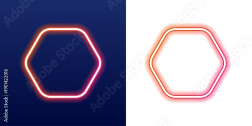 Glowing neon hexagon frame with vibrant rainbow light edges. Clean straight lines form a modern digital composition. Perfect for website headers and promo graphics. PNG