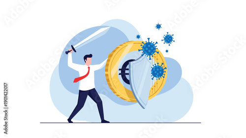 Businessman with a sword and shield actively defending a euro coin from attacking viruses, symbolizing economic protection and financial resilience against crisis.
