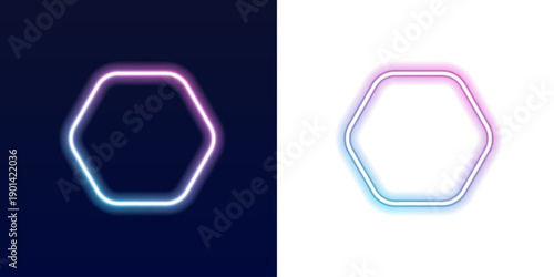 Abstract neon hexagon ring emits electric cyan light on dark surface. Thin luminous outline creates minimalist tech aesthetic. Perfect for app icons and branding visuals. PNG