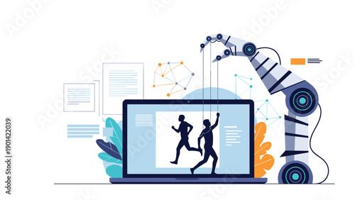 Robotic arm manipulating human figures on a laptop screen, symbolizing automation, artificial intelligence, and robotic control over human tasks or simulations.