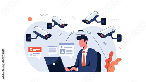 Man working on a laptop surrounded by multiple CCTV cameras, symbolizing surveillance, data monitoring, and privacy concerns in the digital age.