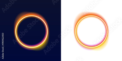 Bright neon circle light effect glows in vibrant yellow tones. Subtle haze surrounds the border adding depth and softness. Great for digital posters and UI highlights. PNG
