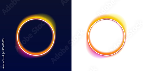 Glowing neon circle frame shines with blue and magenta gradients on a deep black background. Sharp luminous edges create a bold futuristic accent. Perfect for tech banners and gaming overlays. PNG