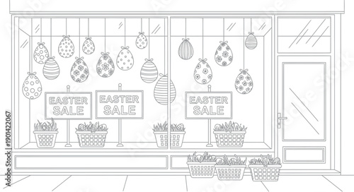 Outline drawing of a storefront window decorated meticulously with various patterned hanging easter eggs advertising a seasonal holiday sale promotion below.