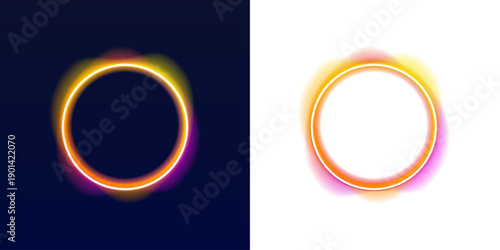 Bright neon circle border with rounded corners shines in smooth blue gradient. Subtle reflections add glossy 3D appearance. Ideal for modern web banners. PNG