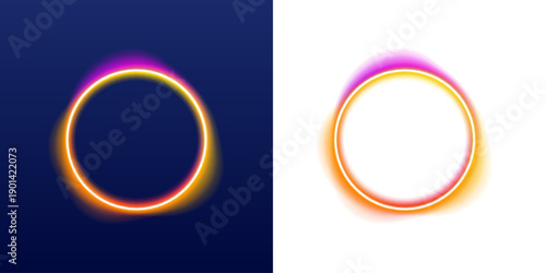 Abstract neon circle radiates vibrant rainbow glow in motion style. Dynamic gradient light trails enhance depth and energy. Great for creative posters and covers.