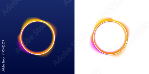 Neon circle frame glows in yellow gradient on dark background. Soft luminous edges create warm emotional mood. Perfect for Valentine designs and cards. PNG