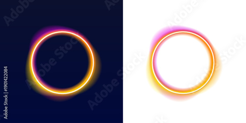 Futuristic circular neon HUD frame shines in blue and green tones. Thin luminous lines form high-tech interface style. Ideal for sci-fi themes and presentations. PNG
