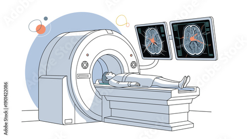 Patient undergoing an MRI scan with brain images displayed on adjacent screens, illustrating advanced medical diagnostics and neurological examination.