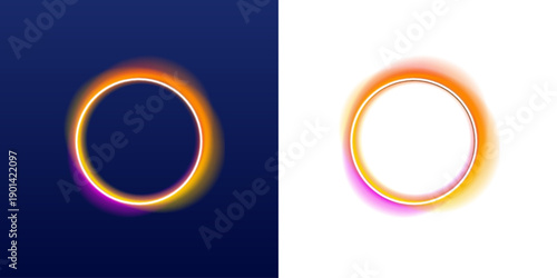 Bright circle neon frame with double light outline glows intensely on dark surface. Vibrant gradient transitions add depth and dimension. Perfect for advertising layouts. PNG